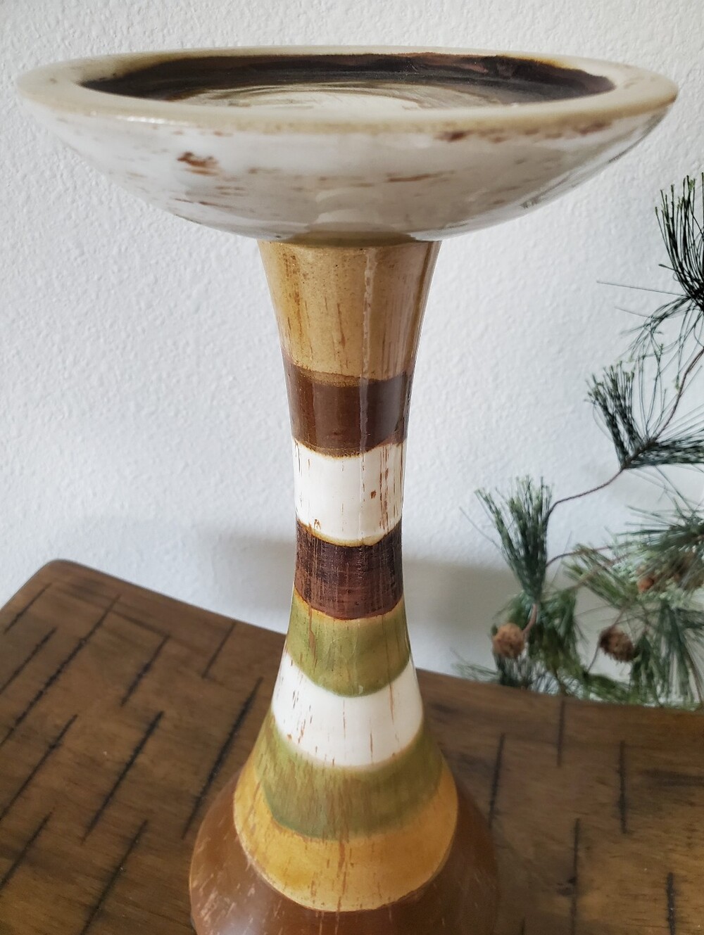 Vintage MCM Striped Ceramic Pillar Candle Holder Retro Earth Tone Pottery Boho - Picture 10 of 11